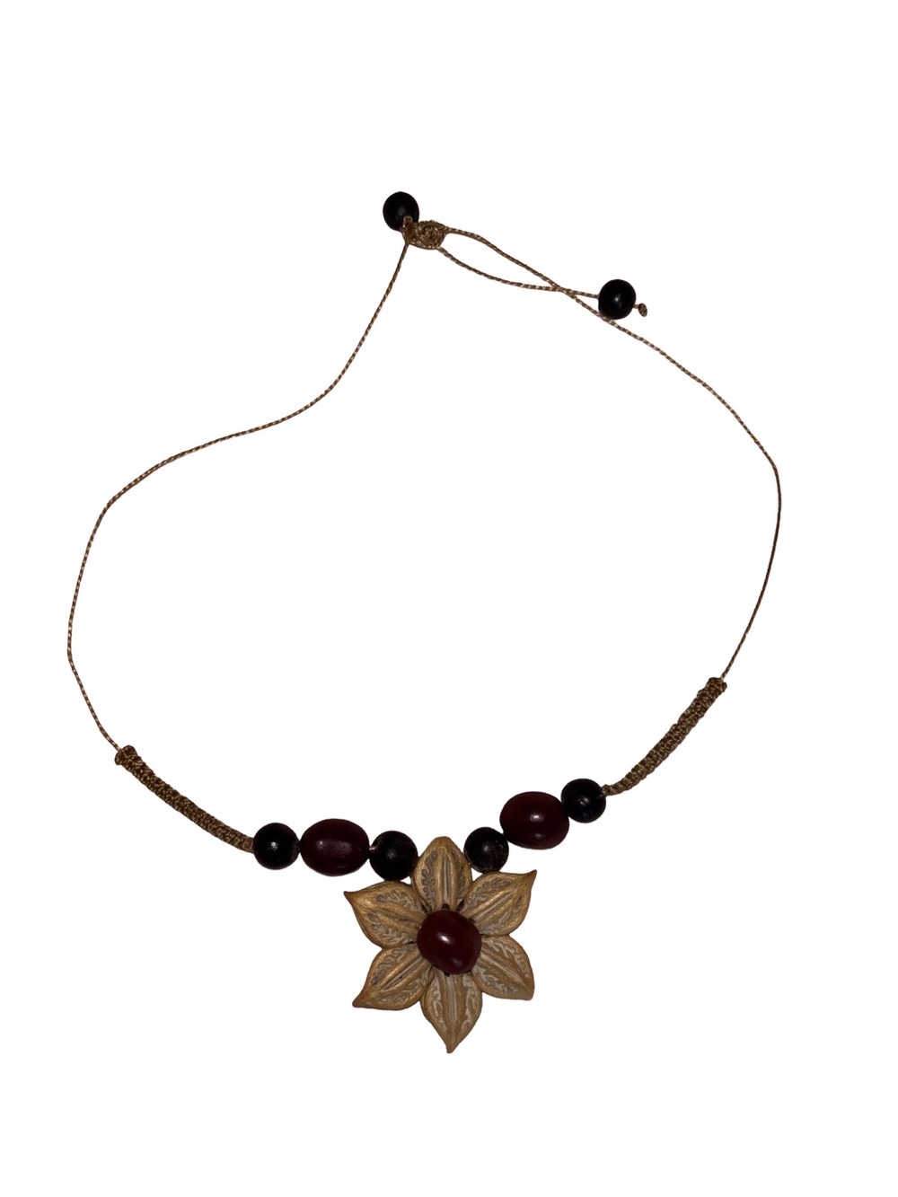 Handcrafted Gold-Tone Flower Pendant Necklace with Dark Red Beads